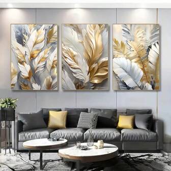 3 Stücke wahlweise mit Rahmen botanische goldene weiße Blätter Poster Leinwanddrucke Wandkunst, Luxusplakate für Wohnzimmer Schlafzimmer Büro Flur Dekoration Malerei
