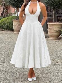 Women Jacquard Halter Dress Elegant Low Cut Sleeveless Open Back A-Line Long Dress For Evening Party Club - trắng - Xem 3
