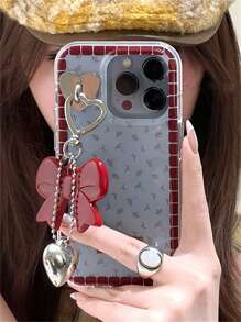 INS Korean Sweet Red Floral Blue Phone Case + 3D Bow Heart Pendant Compatible With IPhone 16 15 14 13 12 11 Pro Max Plus Lovely Adorable Girl Soft Back Cover