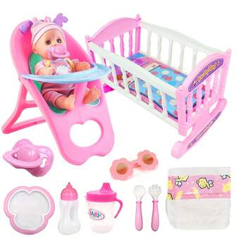 10 件娃娃配件、3 岁及以上儿童派对游戏套装、带扶手的婴儿娃娃椅、可拆卸婴儿床、娃娃喂养和护理套装、娃娃尿布、最佳节日礼物（不包括娃娃）