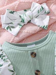 2 Stücke/Set Baby Mädchen Herbst/Winter grün Langarm Spitze Schleife Knopf Blatt Allover Muster Romper und Stirnband Set