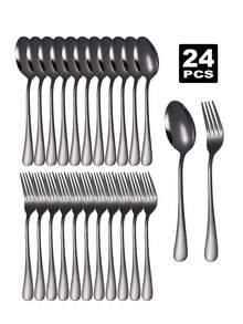 2/8/12/24pcs Stainless Steel Dessert Forks & Spoons Set, Suitable For Home Kitchen, Restaurant, Wedding, Party - Black - View 10