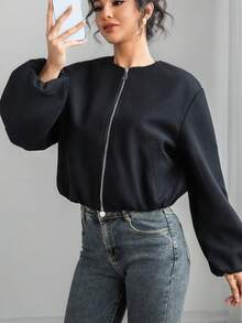 Women's Bomber Jacket Autumn Winter Outerwears Short Varsity Aviator Cropped Coats - 黑色 - 查看 6