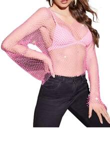 Fishnet Glitter Hollow Out Women Blouse Metallic Top Fashion Night Club Party Rave Cover Up Shirts - 粉色 - 查看 2