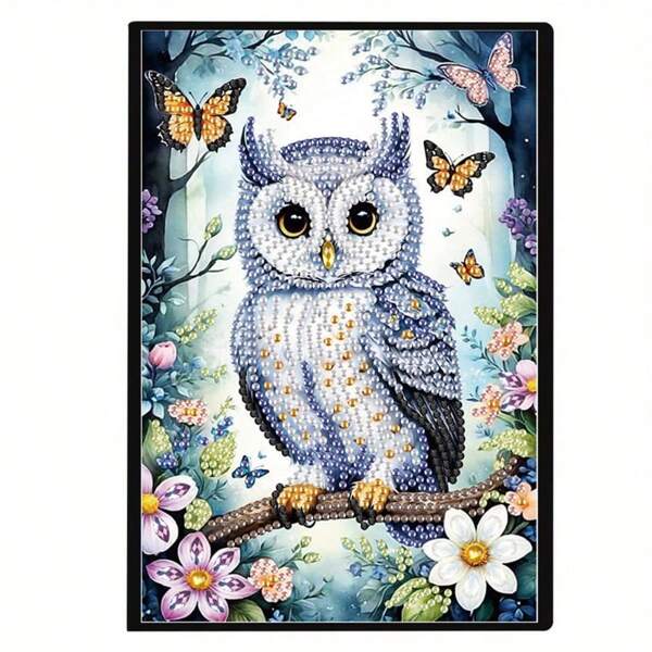 1pc 5D DIY Special Shape Diamond Painting Notebook, Flower, Butterfly, Owl Pattern PU Leather Cover Sketchbook, Diamond Art Drawing Kit, Mosaic A5 Diary Notebook, Christmas Halloween Holiday Gift Unique Handmade Craft Set, Diamond Painting Kit