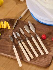 Cirelle 1 Set Of 7 Wooden Handle Stainless Steel Cake Decorating Spatulas & Painting Scrapers Back To School, New Year, Christmas Party, Rama Kitchen Essentials, Baking Use, Family Dining, Afternoon Tea Use - Khaki - View 2