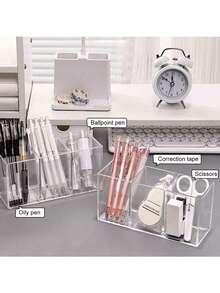 1pc Acrylic Smooth Three Compartment Brush Holder, Office Desktop Cosmetics Storage Box, Transparent Plastic Makeup Brush Holder, Toilet Vanity Storage Rack, Suitable For Brush, Eyebrow Pencil, Cosmetics Storage, Bathroom Storage, Perfume Stand ShelfBedroom Storage, Bedroom Decoration, Travel Essentials, Bathroom Accessories