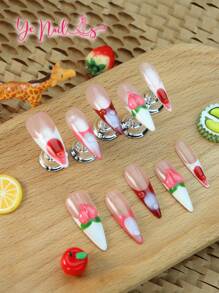 Add A Touch Of Romance With 10pcs Stiletto Shape Y2K Classic French Tips Gradient White And Red Japanese Style Full Coverage Fake Nails Set Creative Summer 3d Three-Dimensional Decoration Peach Novelty Funny Full Cover Press On Nails Kit For Women And Girls With 1pc Mini Nail File & 1 Sheet Adhesive Tabs