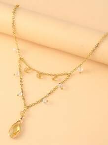 Dainty Layered Necklace With Yellow Teardrop Pendant For Women, Gold Chain Elegant Jewelry For Party Wedding Gift