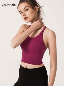 Catch Halo Criss Cross Back Workout Cropped Top For Women - Scoop Neck & Strappy Back Design Sport Cami Top | 4-Way Stretch Quick Dry Breathable Medium Support Workout Tank Top For Yoga, Pilate, Running, Cycling, Gym (Wine Red, S~XL)