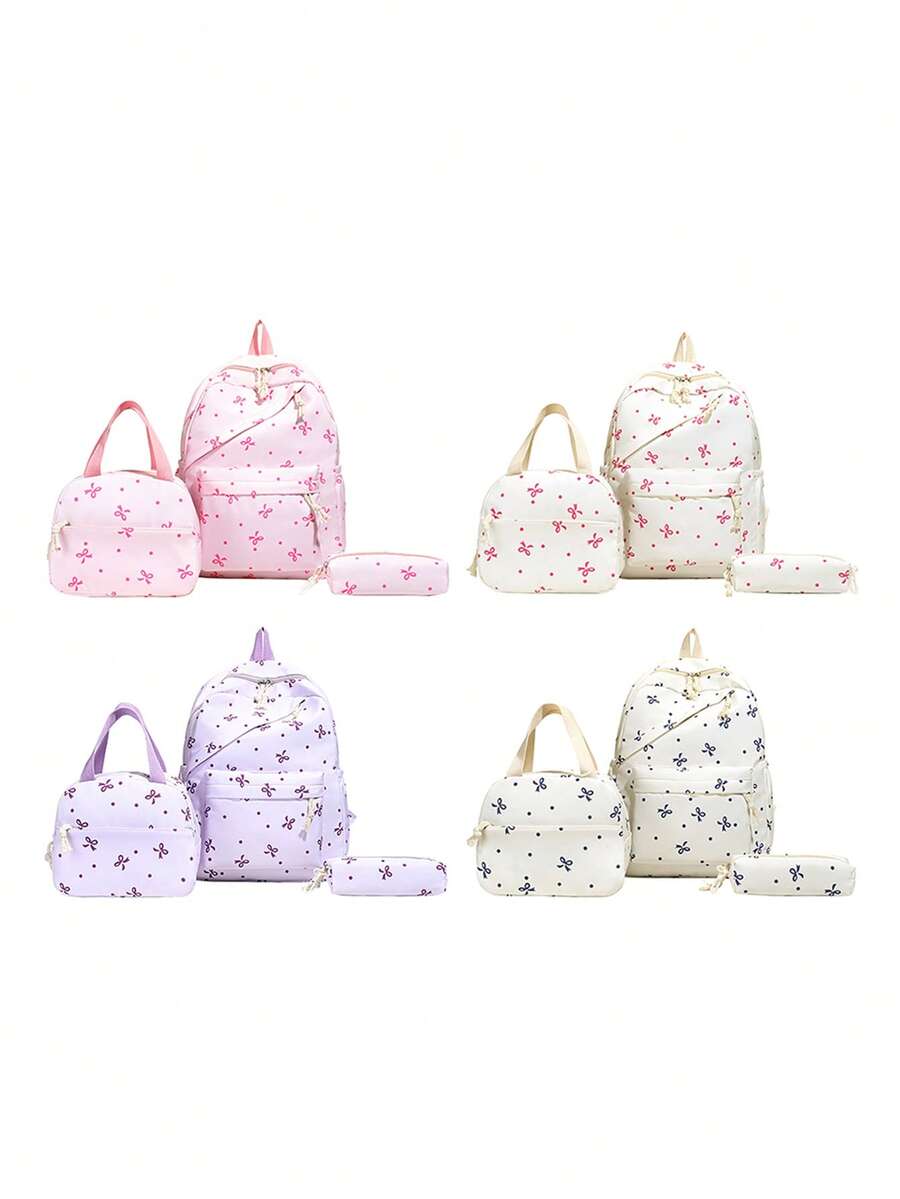 3 Pcs Fashionable Preppy Bow Print Backpack Set,Backpack&Lunch Bag&Pencil Case,With Laptop Compartment Bookbag,Adjustable Strap Bookbag Set,Multi Pockets High-Capacity School Bag Set Multifunctional Daypack Set Idea For Boys/Girls/Teens/College Students/Graduate/Graduate For Daily Use/Vacation/Travel/Back To School - Multicolor - View 1