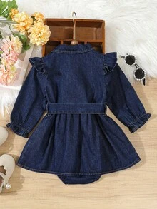 Cap Sleeve Denim Jumpsuit, Collared Cardigan Romper For Toddler Girls - Medium Wash - View 2