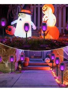 6/4/2/1个太阳能12LED火焰火炬灯，火焰闪烁，太阳能提基火炬灯 - 自动开关，非常适合花园小径和户外景观照明，庭院和院子万圣节装饰（绿色）（紫色）（蓝色）（火焰颜色），适用于各种节日装饰，如感恩节和复活节