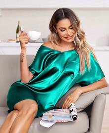 Women Satin Nightgowns Short Sleeve Silk Sleepwear Boyfriend Casual Dresses With Chest Pocket S-XXL - Xanh đậm - Xem 3