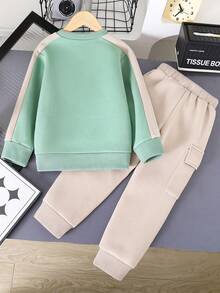 Tween Boy Letter Print Contrast Color Warm Crew Neck Sweatshirt And Pants Set - Green - View 2