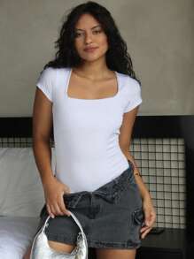 Kit 3 Body Feminino Decote Quadrado Manga Curta Tecido Suplex Moda Verão Estilo Gringa