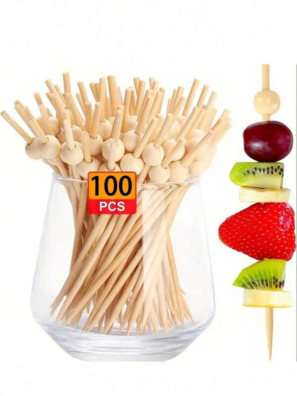 100pcs Fancy Cocktail Sticks - Natural Wooden Ball Bamboo Skewers For Gourmet Party, Decorative Drinks, And Cooking Board Accessories - 4.7 Inches Long, Premium Quality, And Reusable