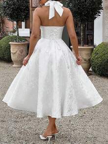 Women Jacquard Halter Dress Elegant Low Cut Sleeveless Open Back A-Line Long Dress For Evening Party Club - trắng - Xem 6