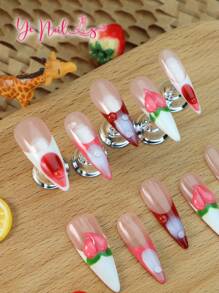 Add A Touch Of Romance With 10pcs Stiletto Shape Y2K Classic French Tips Gradient White And Red Japanese Style Full Coverage Fake Nails Set Creative Summer 3d Three-Dimensional Decoration Peach Novelty Funny Full Cover Press On Nails Kit For Women And Girls With 1pc Mini Nail File & 1 Sheet Adhesive Tabs