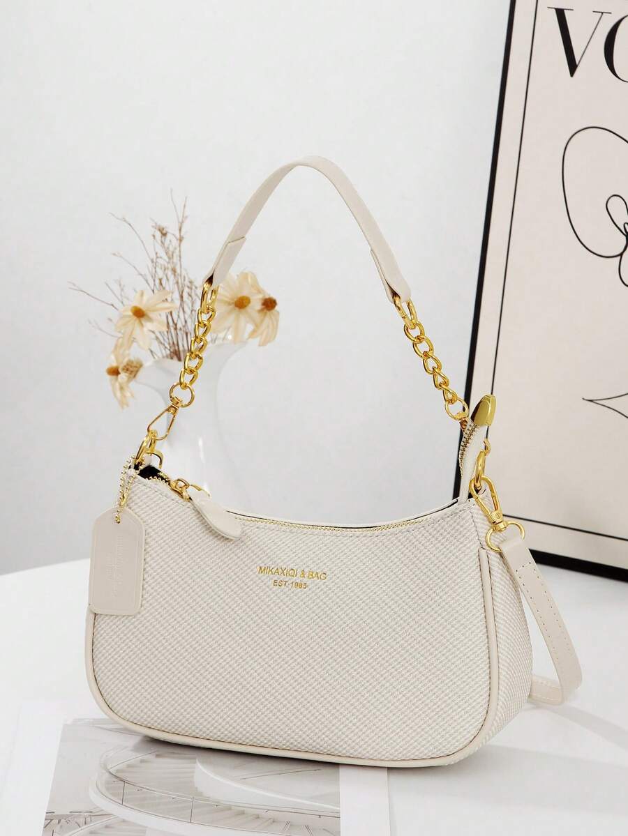 1 PC White Lychee-Patterned Crescent-Shaped Bag, Sophisticated Underarm Bag Women's Bags,Multifunctional And Large Capacity Fashionable And Casual Large Capacity Portable Zipper Shoulder Bag Underarm Bag,Storage For Travel Cosmetics, Cell Phones, Keys, And Sanitary Napkins,Suitable For Earphones, Chargers, Lipstick, Cosmetics, Perfume, Skin Care And Beauty Products, Student Supplies, Keys, Holiday Gifts - 白色 - 查看 1