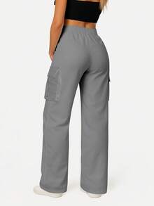 Women's Casual Solid Color Straight Leg Pants With Pockets, Versatile For Daily Wear, Spring/Autumn/Winter - Grey - View 5