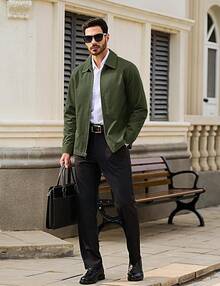 Men's Cotton Full Zip Up Work Jackets Turndown Collar Business Casual Windbreaker With 3 PocketsChristmas O5SK - xanh quân đội - Xem 10