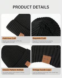 Gorros de lana para hombres, paquete de 3, gorros de invierno para hombres y mujeres, forrados de forro polarérmico cálido, gorro de moda grueso para chicos - Color-01 - Ver 4
