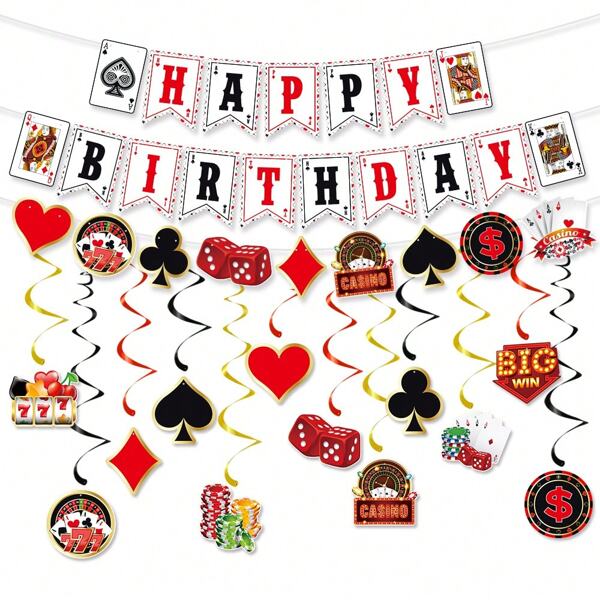 1Set Casino Themed Party Decorations, Banner Poker Playing Cards Backdrop Props, DIY Kit With Ribbons And Pins Party Flag Wedding Decor Birthday Decorations Gifts Graduation