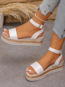 1 Pair Beige Thick-Soled Sandals For Teen Girls, Fashion Summer Wedge Heel Beach Sandals, Lightweight Waterproof Platform Sandals Suitable For Holidays And Everyday Wear