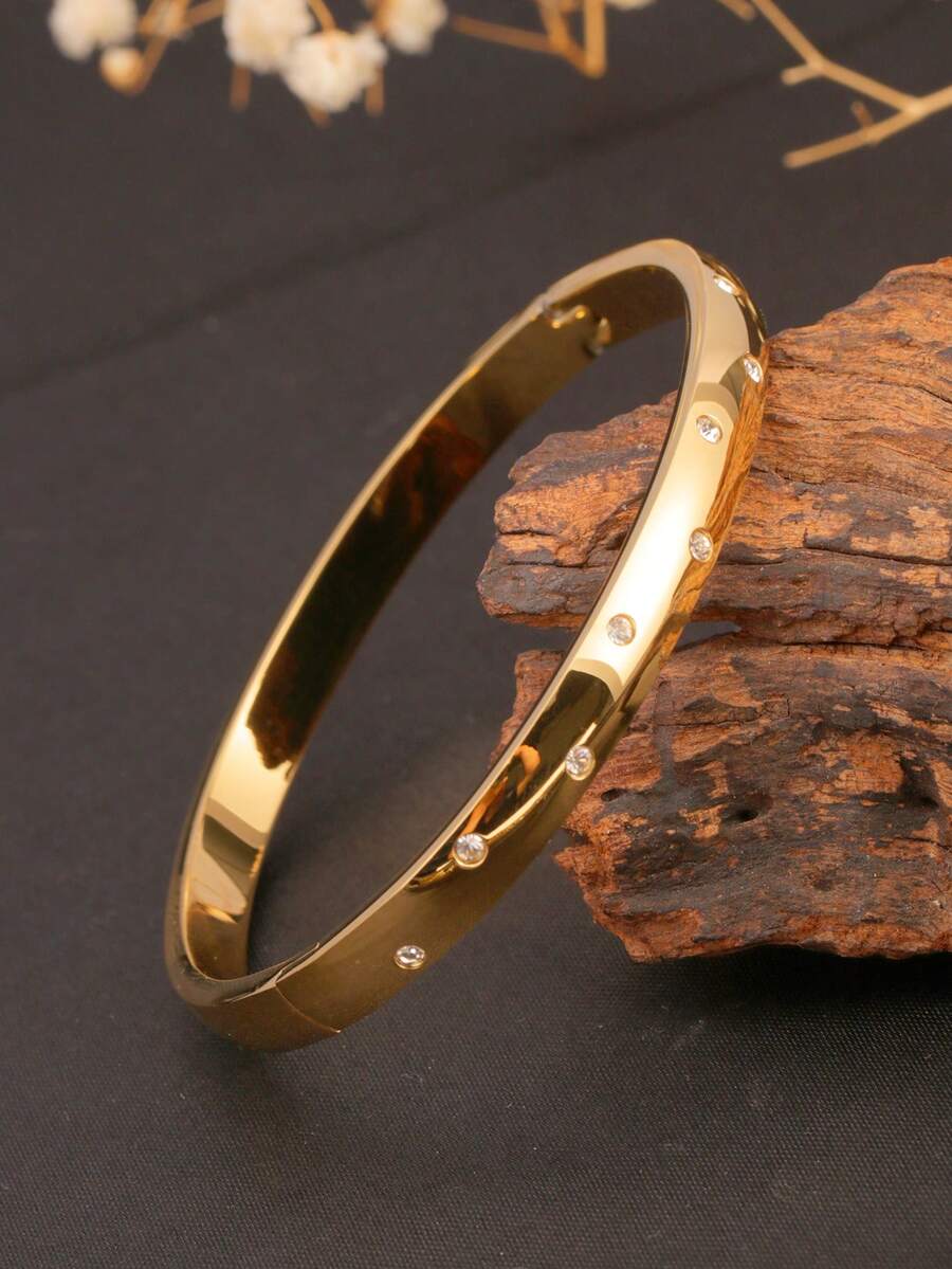 1 chiếc vòng tay thép không gỉ mạ vàng 18K đính đá Cubic Zirconia, cao cấp, thời trang, phụ kiện đa năng dành cho nữ, thích hợp đeo hàng ngày, dự tiệc, làm quà tặng cho bạn gái/vợ - Vàng - Xem 1