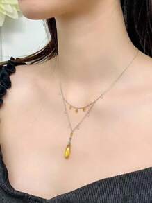 Dainty Layered Necklace With Yellow Teardrop Pendant For Women, Gold Chain Elegant Jewelry For Party Wedding Gift