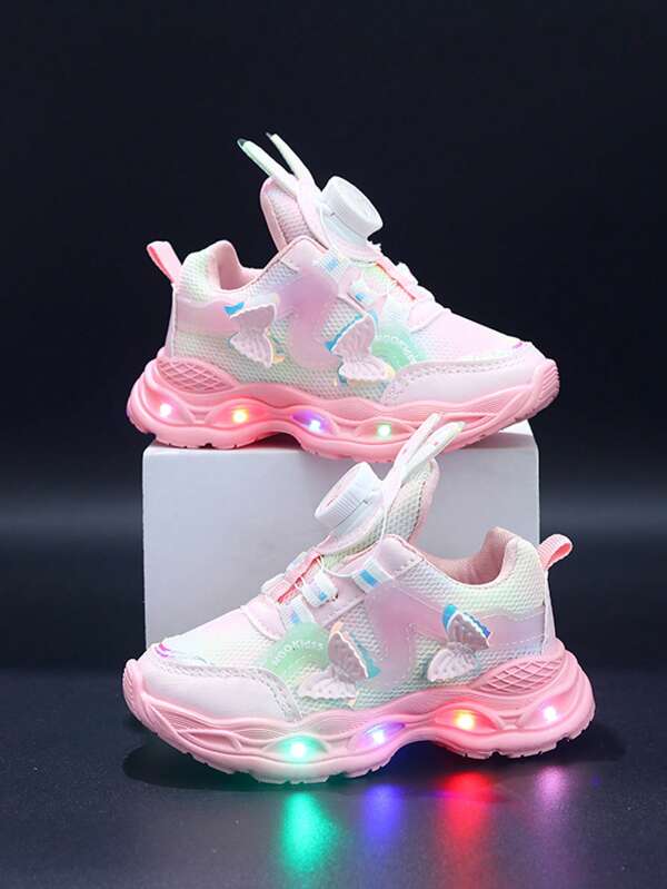 MGO Kidss Tênis infantis MGO primavera e outono, novos tênis com luzes LED, tênis infantis com estampa de borboleta e princesa, com fivela giratória fofa de orelha de coelho, calçados esportivos casuais para meninas de 1 a 6 anos