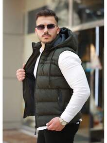 Men's Solid Zip Front Drawstring Hooded Casual Vest - Khaki - View 1