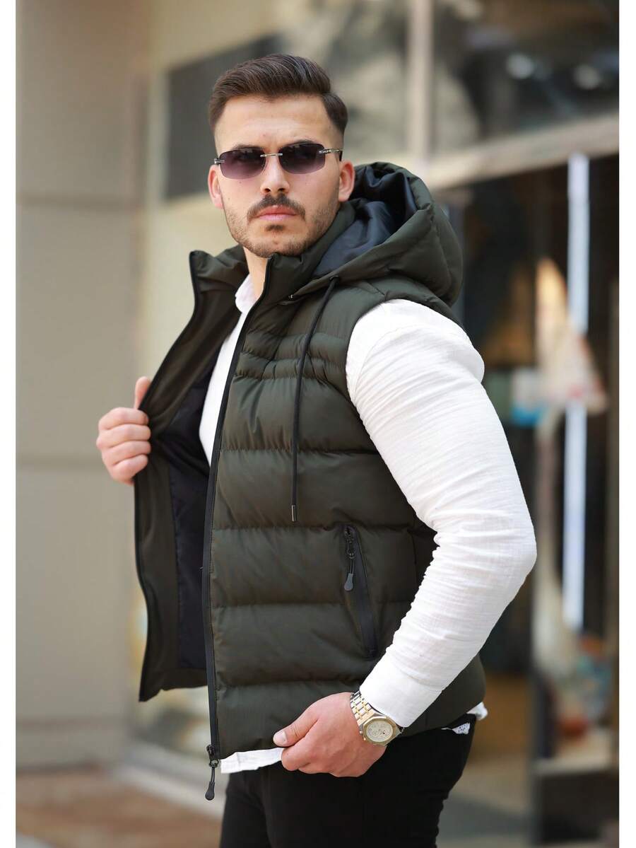 Men's Solid Zip Front Drawstring Hooded Casual Vest - Khaki - View 1