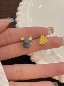 1 Pair Asymmetric Yellow Mouse Cheese Themed Funny Cartoon Stud Earrings, Gift