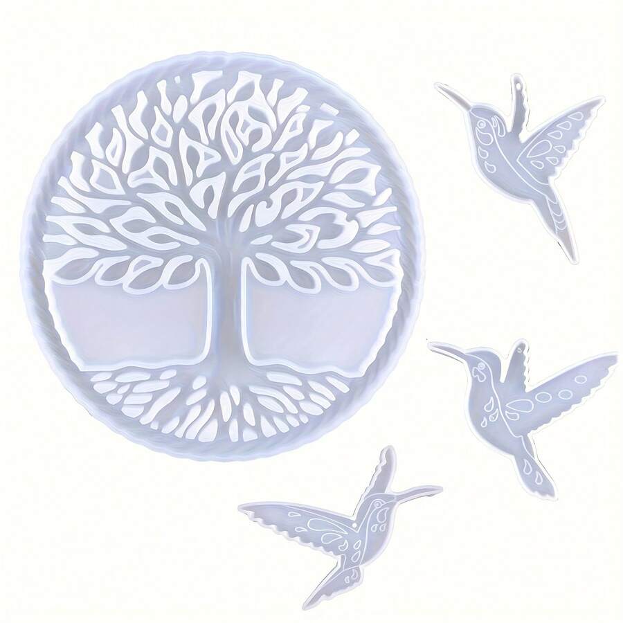4 Sets Of Epoxy Resin Molds Of The "Tree Of Life" With Hummingbirds, Silicone Resin Wall Art Molds Of The "Tree Of Life", DIY Hand Tools (White) - 白色 - 查看 1