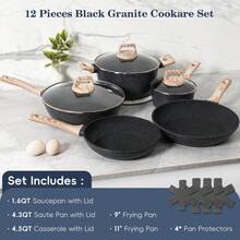 12 Pcs Pots And Pans Set Nonstick,  Induction Kitchen Cookware Sets, Non Stick White Cooking Set With Frying Pans Set & Saucepan, PFOA PFOS APEO Free,Heat-Resistant Cooking Pot, Suitable For Stove And Gas Stove, Suitable For All Seasons Home - 黑色 - 查看 2