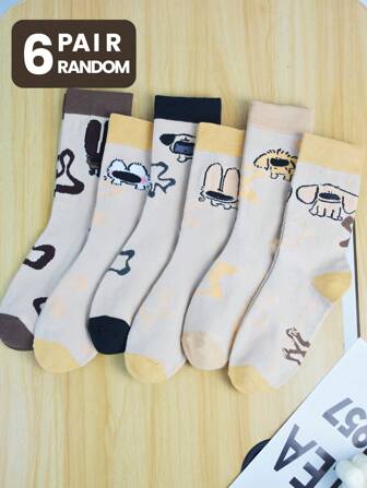 6 Pairs Random Women's Long Socks With Cute Puppy Dog Nose Pattern, Suitable For Spring And Autumn