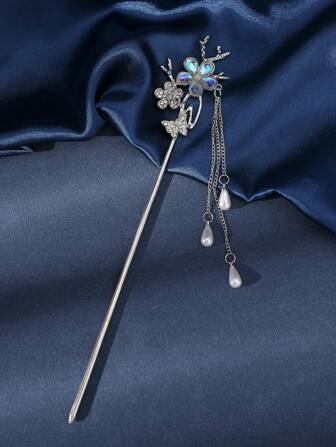 1 pieza Clip para el cabello de aleación con flor de cristal colorida, mariposa y rama con borla de perlas falsas, accesorio de cabello floral elegante, material de aleación, recogedor de moño, pieza de moño, pasadores para el cabello, pasadores, pasadores de gancho, accesorios de invierno, accesorios de otoño, atuendos de vacaciones para mujer, artículos de boda, looks de fiesta