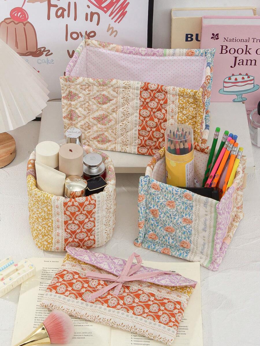 1 件复古花卉图案收纳篮绗缝化妆品收纳篮，护肤品收纳篮化妆刷眼镜收纳袋带蝴蝶结铅笔和刷子架收纳盒女士化妆品收纳