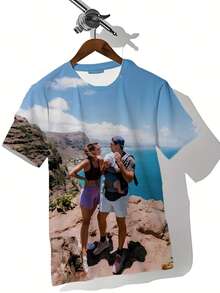 Customized Photo & Text Polyester Breathable Round Neck Short Sleeve T-Shirt, Heat Transfer Printed Design, Beach, Camping, Casual Wear In Summer, Spring, Slim-Fit, Family Reunion 2026, Wedding, Personalized Gift, Father's Day Gift, Streetwear - Multicolor - View 3