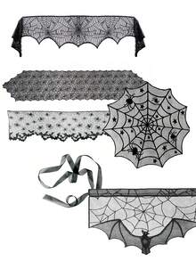 1pc-Halloween Cobweb Fireplace Scarf, Black Lace Spiderweb Mantle Scarf For Halloween Home Party Supplies, 18 X 96 Inch - Black - View 8