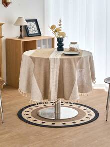 1pc American Farmhouse Style Tablecloth, Coffee Brown Striped Embroidered Tassel Decorative Cloth, Multi-Functional Cover For Coffee Tables, Office Desks, Parties, Weddings, Home Decor, All Season - Coffee Brown - View 2