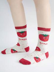 6 Pares de Meias Cano Médio Femininas com Impressões Aleatórias de Legumes Fofos, Desenho de Tomate