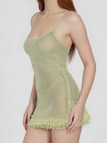 Women Knit Sleeveless Dress Summer Frayed Hem Solid Color Mini Bodycon Party Dress For Vacation Beach Streetwear - màu xanh lá - Xem 5