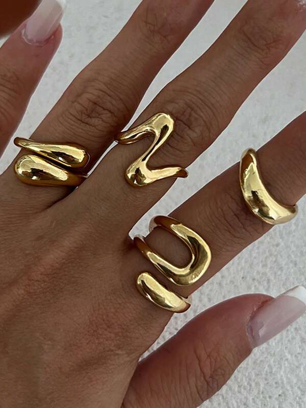 4/5 Pcs/Set Retro Fashion Geometric Open Circle Liquid Asymmetrical Ring Set, Charming Jewelry For Women, Suitable For Parties And Daily Wear