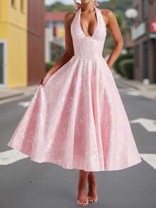 Women Jacquard Halter Dress Elegant Low Cut Sleeveless Open Back A-Line Long Dress For Evening Party Club - Hồng - Xem 6