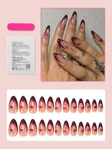 24Pcs Medium Almond Press On Nails Wine Red French Tip Nails With Summer Cherry Rhinestone Decor Vintage Full Cover For Women Girls Summer Nails Art Nail Supplies Nails