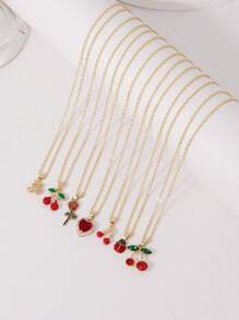 7 Stücke/Set eleganter Schmuckset mit Strass-Anhängern in Form von Kirsche, Herz, Rose, Marienkäfer, mehrschichtige Halsketten, geeignet für Frauen, Alltag, Date, Party, Urlaubsgeschenk
