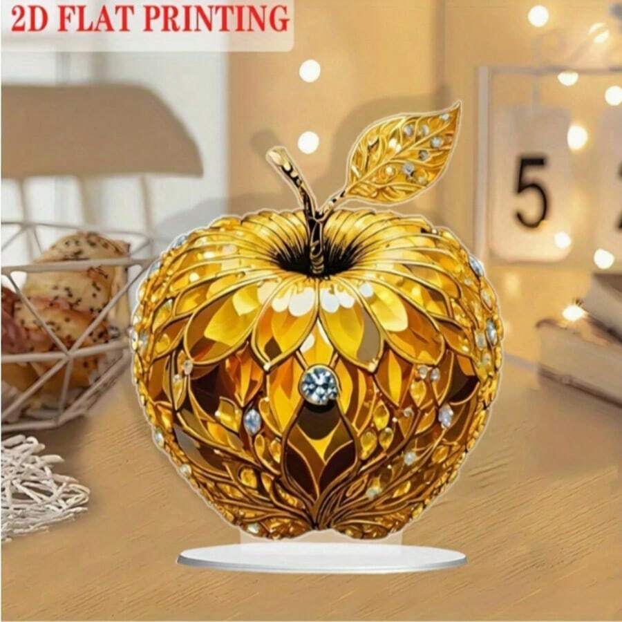 2D 平面，1 件玉石嵌入金苹果抽象艺术雕像 - 2D 平面亚克力装饰，椭圆形底座，优雅的金色饰面，非常适合客厅、办公室或餐厅装饰，完美的婚礼、生日和派对礼物，雕像装饰 | 节日礼物 - 金色 - 查看 1